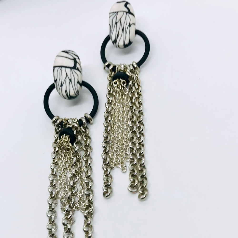 Hand -formed Polymer clay, rubber and silver tone chain earrings
